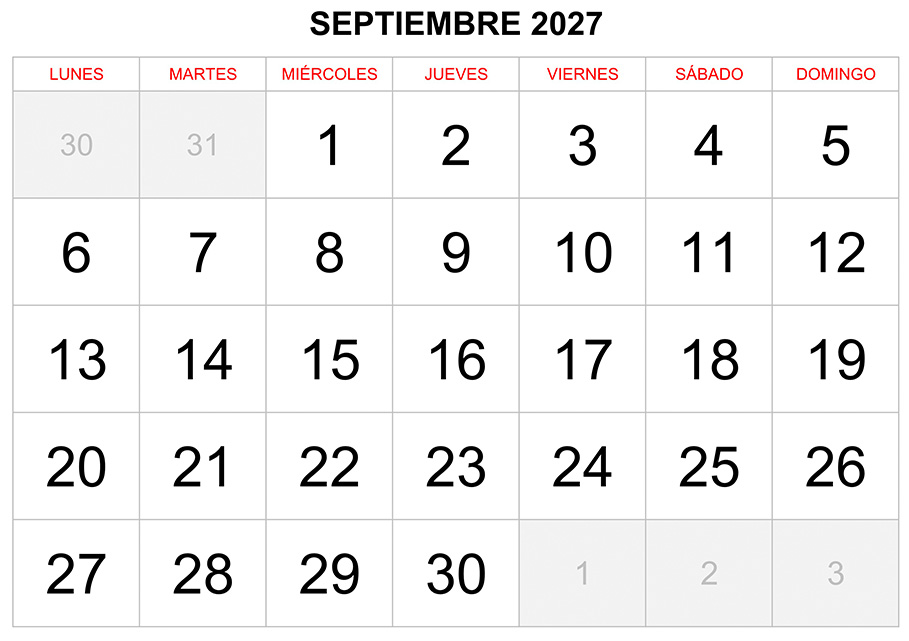 Calendario septiembre 2027 formato clásico para imprimir
