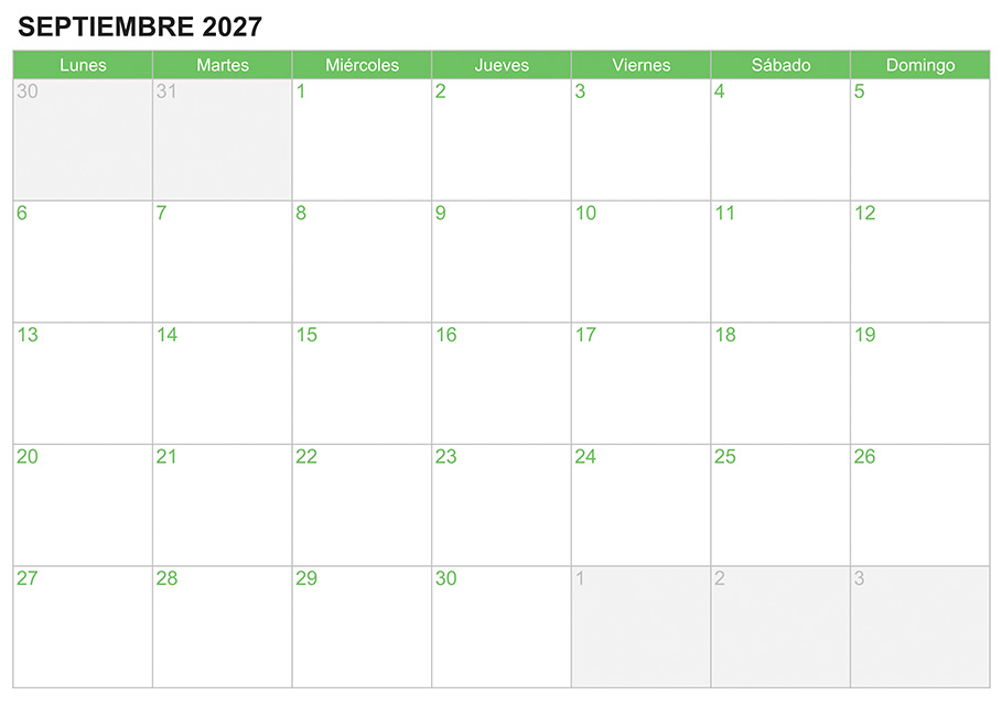 Calendario septiembre 2027 para escribir e imprimir