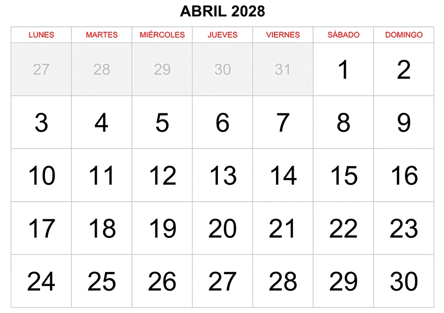 Calendario abril 2028 formato clásico para imprimir