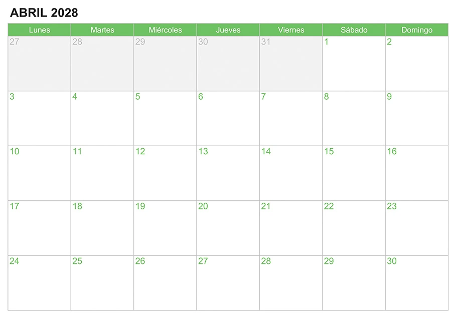 Calendario abril 2028 para escribir e imprimir