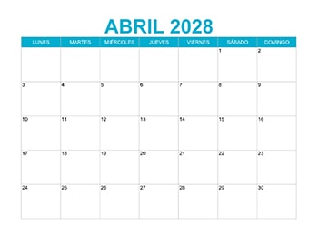 Calendario mensual abril 2028 en PDF y JPG gratis, ideal para planificación personal y laboral.