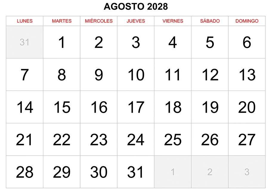 Calendario agosto 2028 formato clásico para imprimir