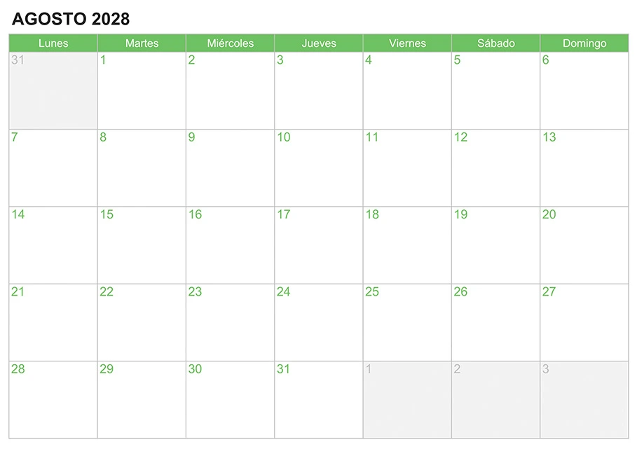 Calendario agosto 2028 para escribir e imprimir