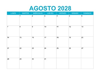 Calendario mensual agosto 2028 en PDF y JPG gratis, ideal para planificación personal y laboral.
