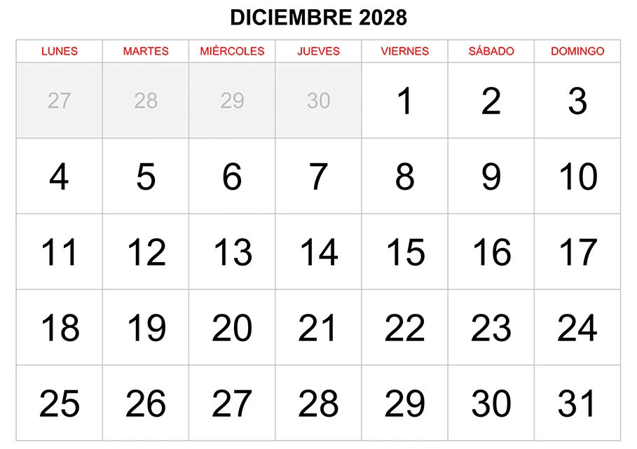 Calendario diciembre 2028 formato clásico para imprimir Calendario diciembre 2028 formato clásico para imprimir