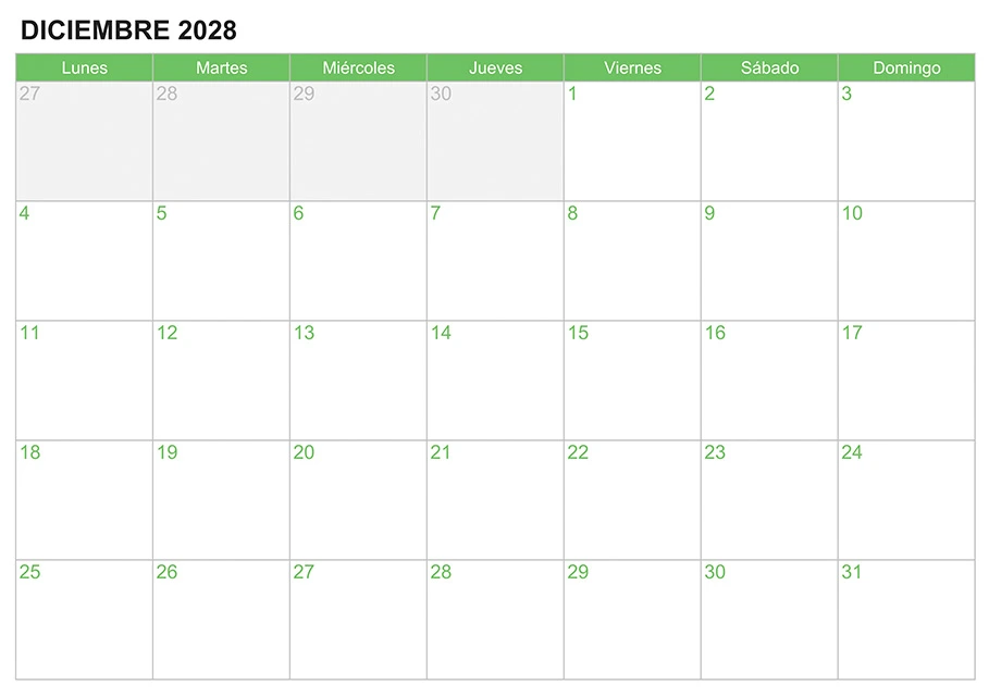 Calendario diciembre 2028 para escribir e imprimir Calendario diciembre 2028 para escribir e imprimir