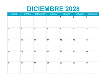 Calendario mensual diciembre 2028 en PDF y JPG gratis, ideal para planificación personal y laboral.