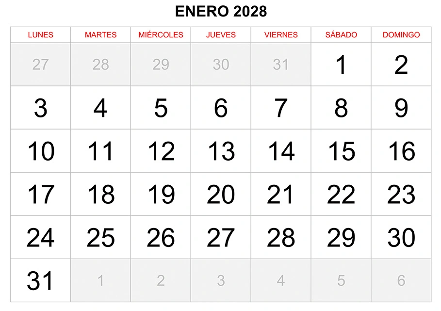 Calendario enero 2028 formato clásico para imprimir Calendario enero 2028 formato clásico para imprimir