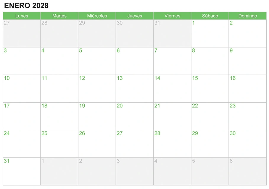 Calendario enero 2028 para escribir e imprimir Calendario enero 2028 para escribir e imprimir