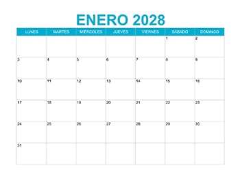 Calendario mensual enero 2028 en PDF y JPG, incluye días festivos destacados.