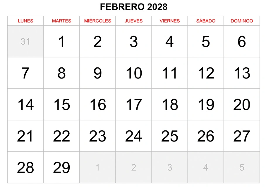 Calendario febrero 2028 formato clásico para imprimir Calendario febrero 2028 formato clásico para imprimir