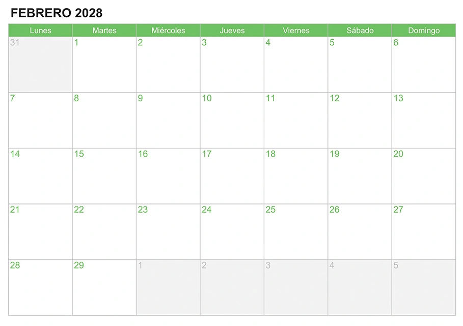 Calendario febrero 2028 para escribir e imprimir Calendario febrero 2028 para escribir e imprimir