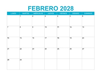 Calendario mensual febrero 2028 en PDF y JPG, diseño gratis para imprimir.