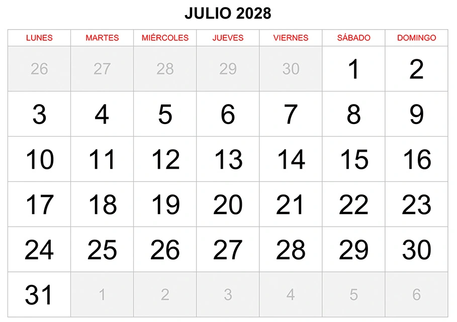 Calendario julio 2028 formato clásico para imprimir Calendario julio 2028 formato clásico para imprimir