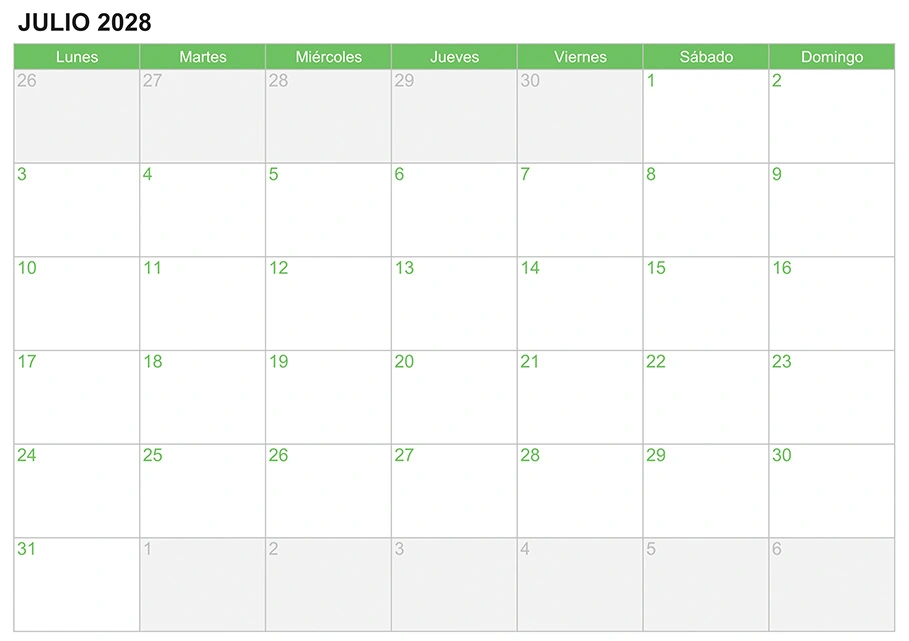 Calendario julio 2028 para escribir e imprimir Calendario julio 2028 para escribir e imprimir