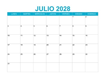 Calendario mensual julio 2028 en PDF y JPG gratis, ideal para planificación personal y laboral.