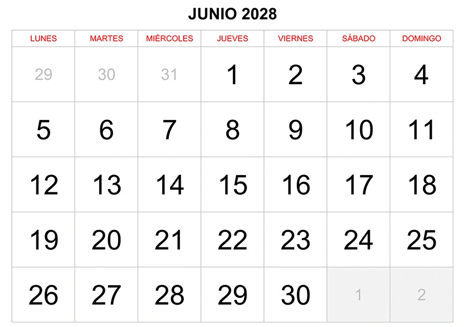 Calendario junio 2028 formato clásico para imprimir