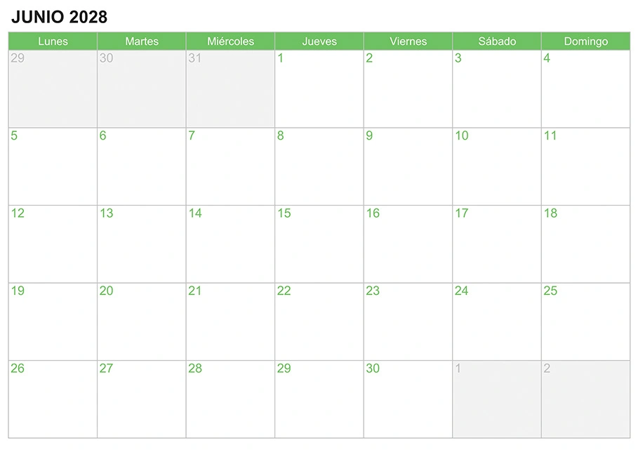 Calendario junio 2028 para escribir e imprimir