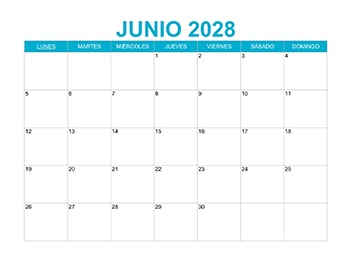 Calendario mensual junio 2028 en PDF y JPG gratis, ideal para planificación personal y laboral.