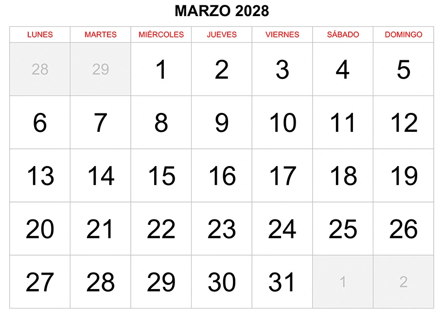 Calendario marzo 2028 formato clásico para imprimir Calendario marzo 2028 formato clásico para imprimir
