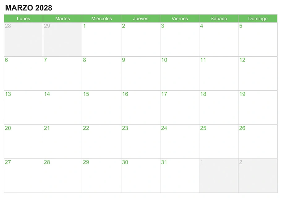 Calendario marzo 2028 para escribir e imprimir Calendario marzo 2028 para escribir e imprimir