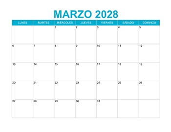 Calendario mensual marzo 2028 gratis en PDF y JPG con diseño claro para planificar.