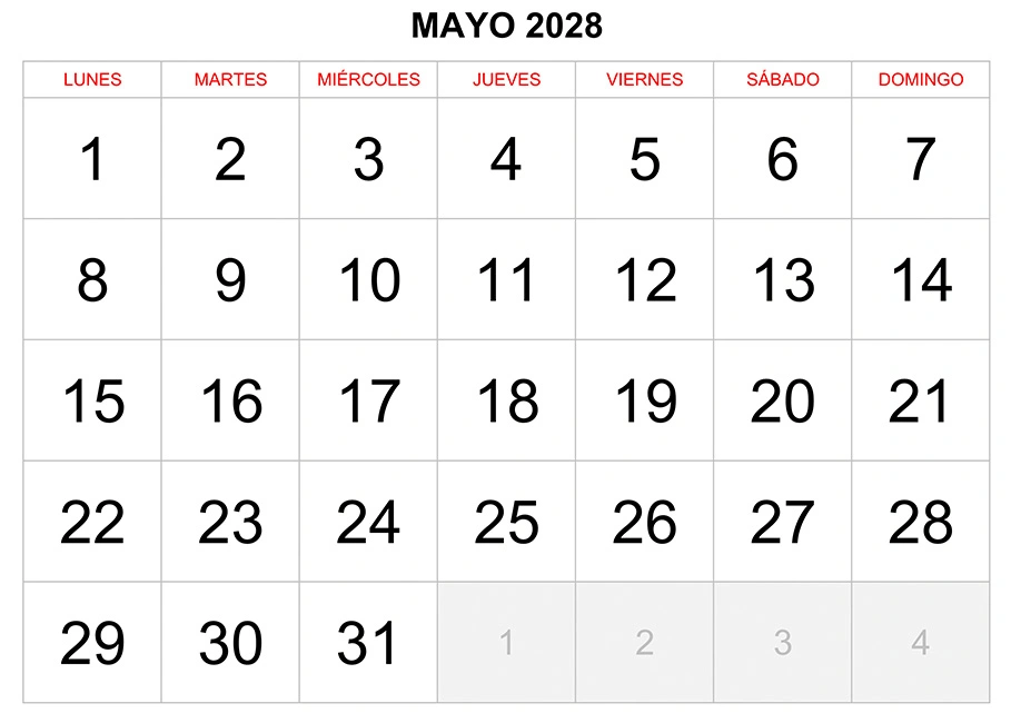 Calendario mayo 2028 formato clásico para imprimir Calendario mayo 2028 formato clásico para imprimir