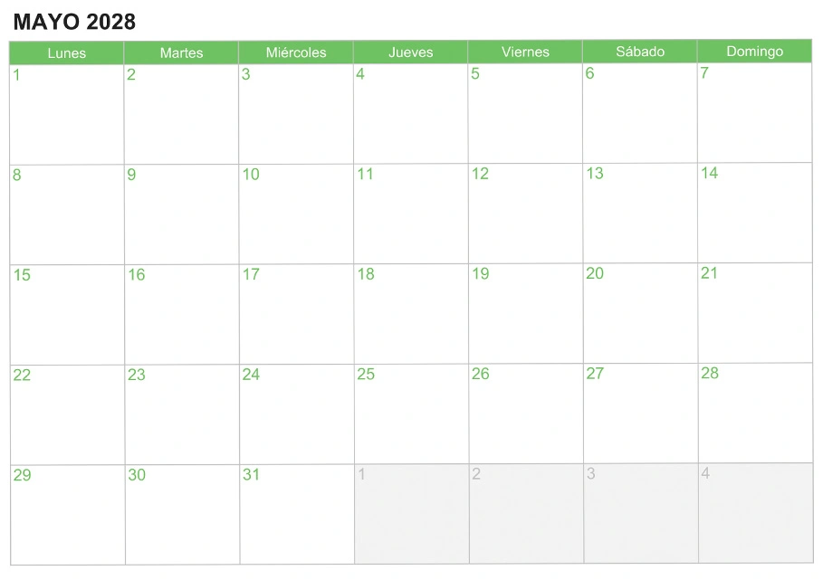 Calendario mayo 2028 para escribir e imprimir Calendario mayo 2028 para escribir e imprimir