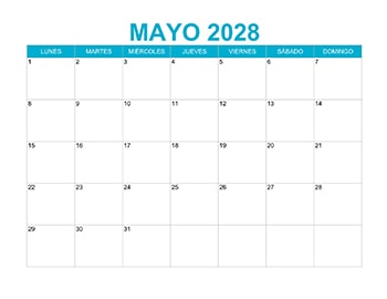 Calendario mensual mayo 2028 en PDF y JPG gratis, ideal para planificación personal y laboral.
