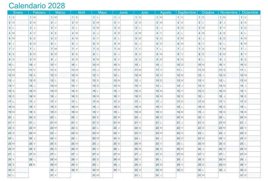 Calendario mensual 2028 en una sola hoja para imprimir