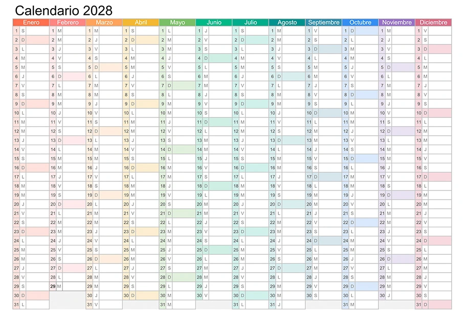 Calendario mensual 2028 con colores para imprimir