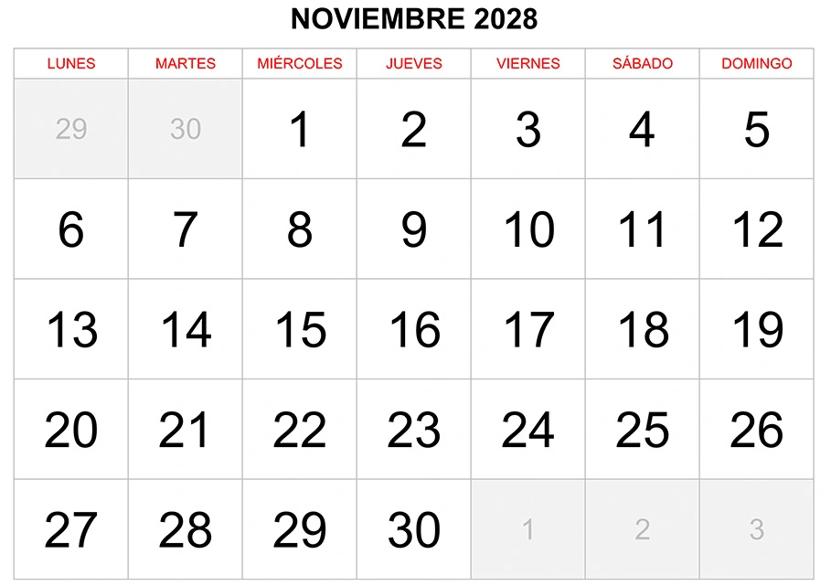 Calendario noviembre 2028 formato clásico para imprimir Calendario noviembre 2028 formato clásico para imprimir
