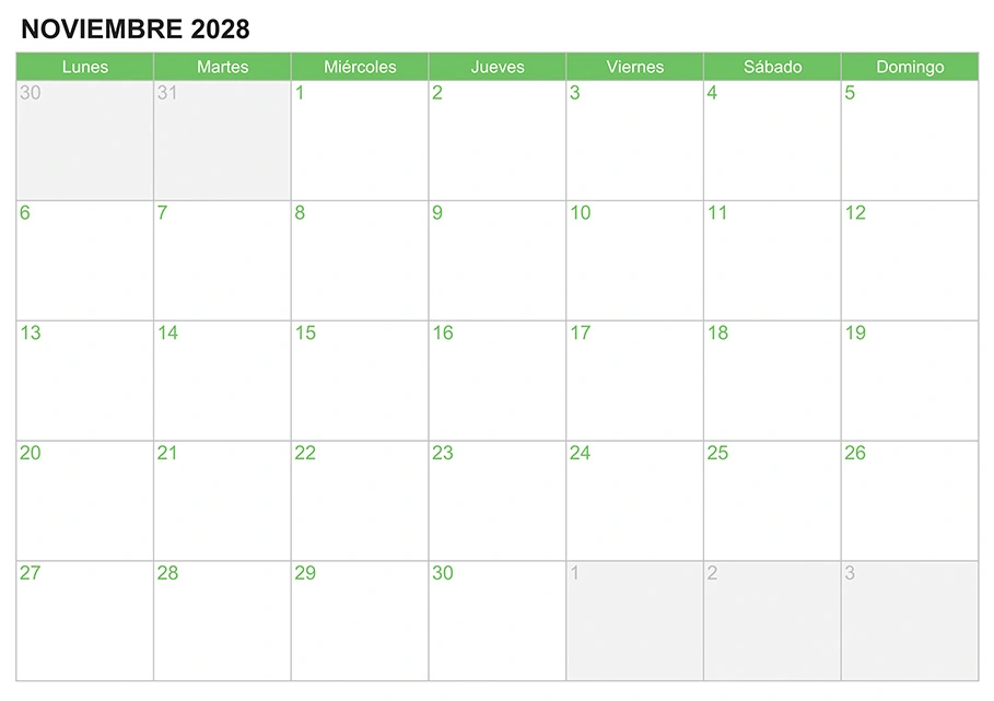 Calendario noviembre 2028 para escribir e imprimir Calendario noviembre 2028 para escribir e imprimir