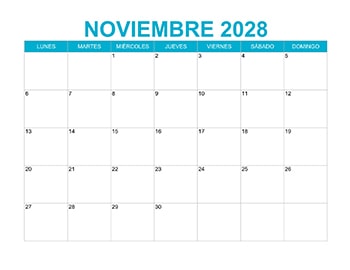 Calendario mensual noviembre 2028 en PDF y JPG gratis, ideal para planificación personal y laboral.