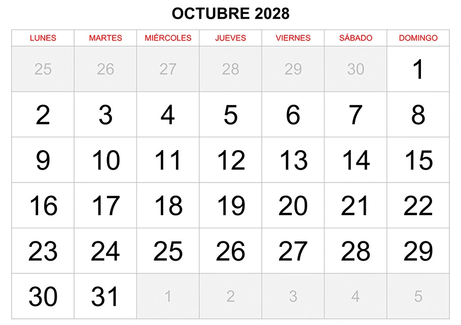 Calendario octubre 2028 formato clásico para imprimir