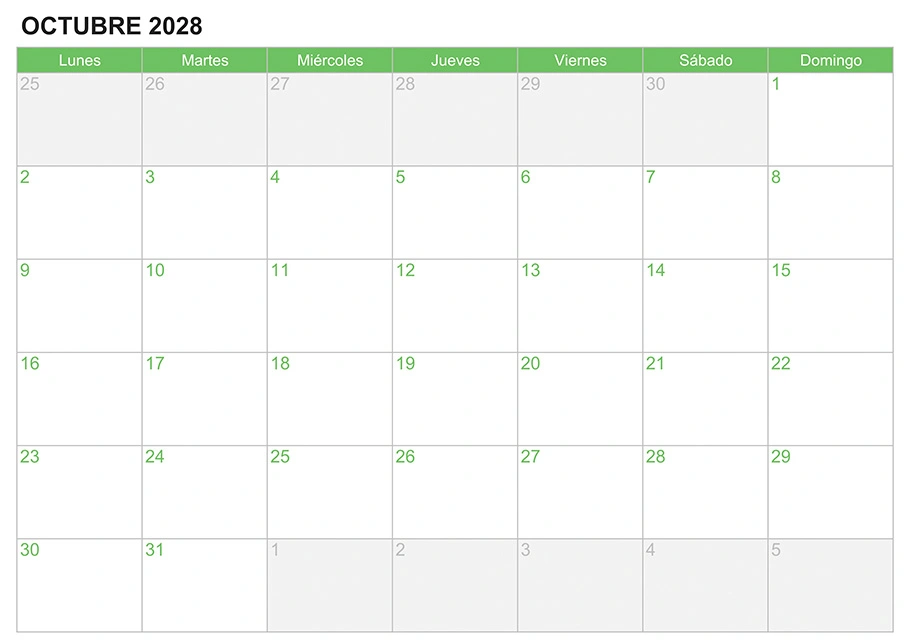 Calendario octubre 2028 para escribir e imprimir