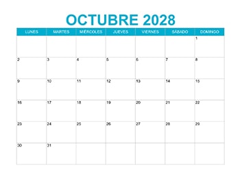 Calendario mensual octubre 2028 en PDF y JPG gratis, ideal para planificación personal y laboral.