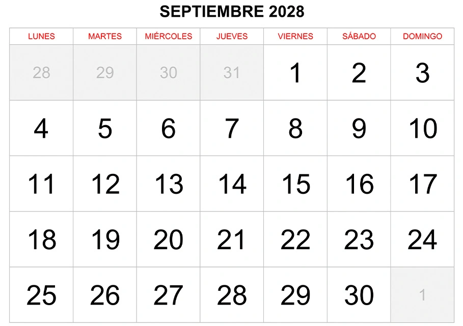 Calendario septiembre 2028 formato clásico para imprimir Calendario septiembre 2028 formato clásico para imprimir