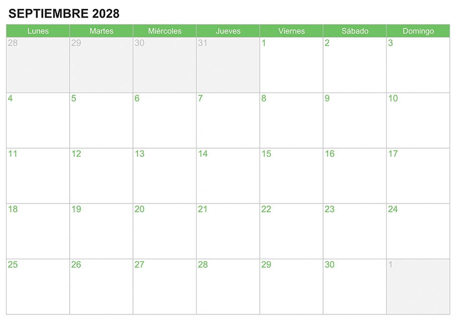 Calendario septiembre 2028 para escribir e imprimir Calendario septiembre 2028 para escribir e imprimir