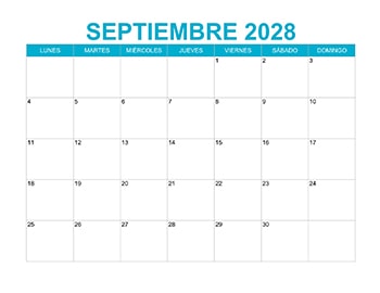 Calendario mensual septiembre 2028 en PDF y JPG gratis, ideal para planificación personal y laboral.