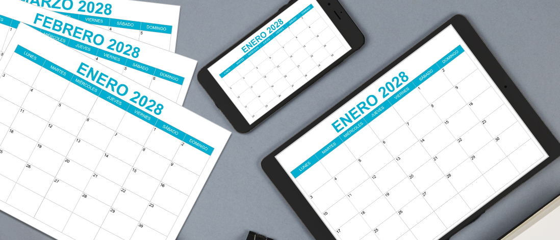 Descarga gratis el calendario mensual 2028 en PDF y JPG para imprimir, diseño minimalista para planificación mensual.