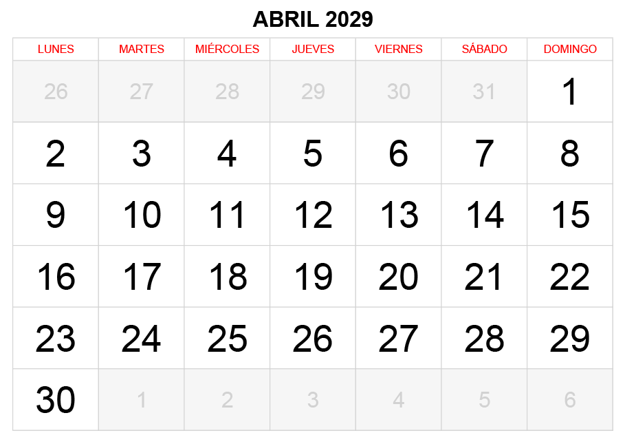 Calendario abril 2029 formato clásico para imprimir