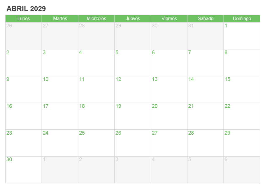 Calendario abril 2029 para escribir e imprimir