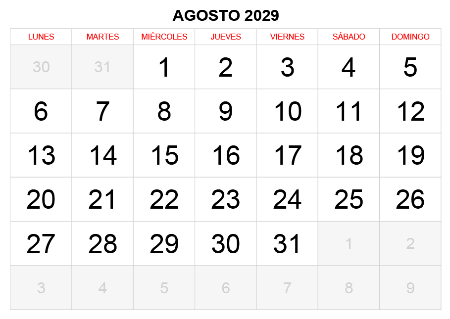 Calendario agosto 2029 formato clásico para imprimir Calendario agosto 2029 formato clásico para imprimir