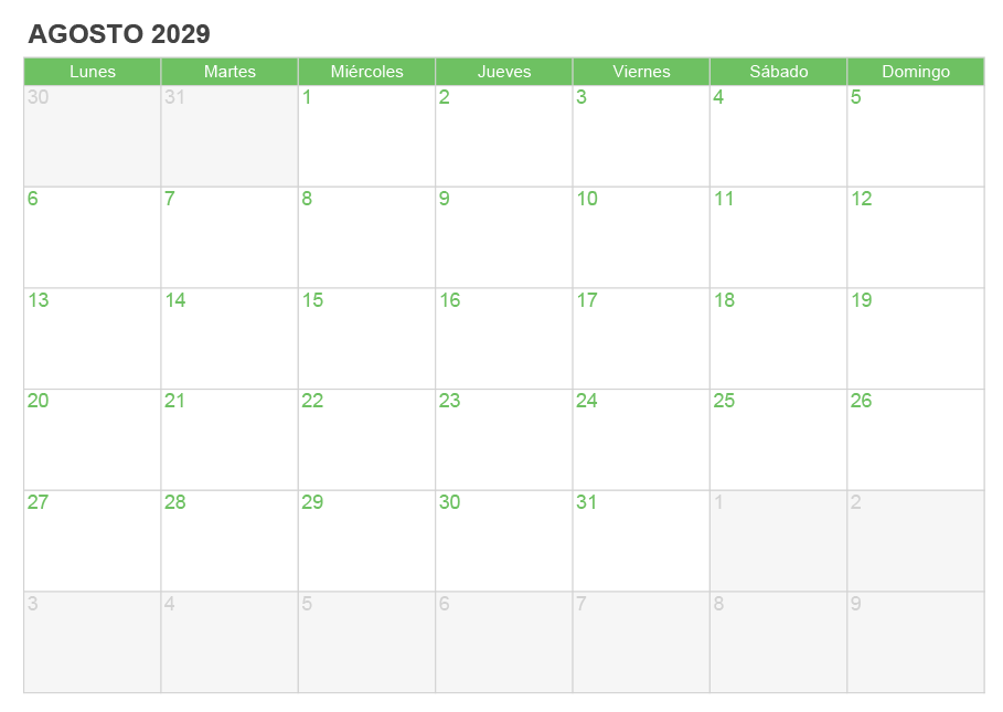 Calendario agosto 2029 para escribir e imprimir Calendario agosto 2029 para escribir e imprimir