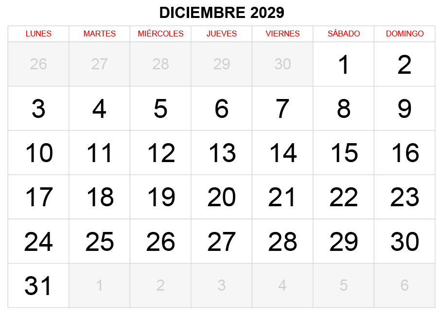 Calendario diciembre 2029 formato clásico para imprimir Calendario diciembre 2029 formato clásico para imprimir