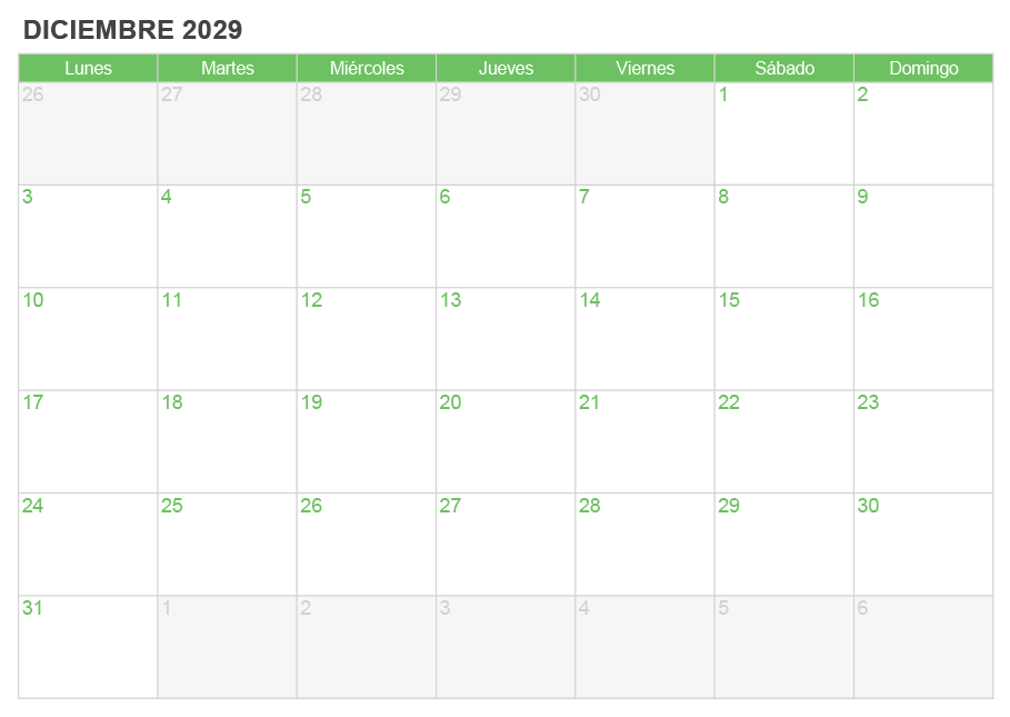 Calendario diciembre 2029 para escribir e imprimir Calendario diciembre 2029 para escribir e imprimir