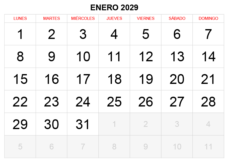 Calendario enero 2029 formato clásico para imprimir