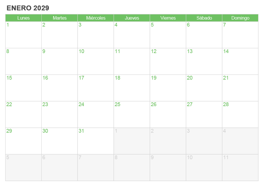 Calendario enero 2029 para escribir e imprimir