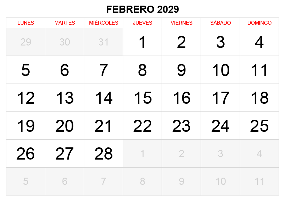 Calendario febrero 2029 formato clásico para imprimir Calendario febrero 2029 formato clásico para imprimir